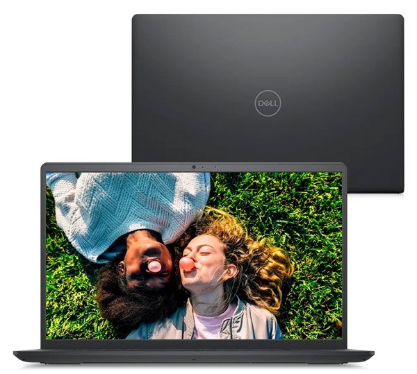 Notebook Dell Inspiron I15 preto aberto com tela de 15.6 polegadas, exibindo imagem vibrante.
