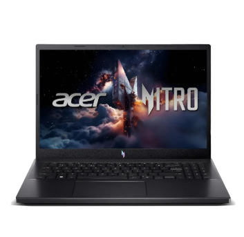 Notebook gamer Acer Nitro V15 preto com detalhes modernos, tela de 15.6 polegadas aberta, evidenciando seu design focado em alta performance.