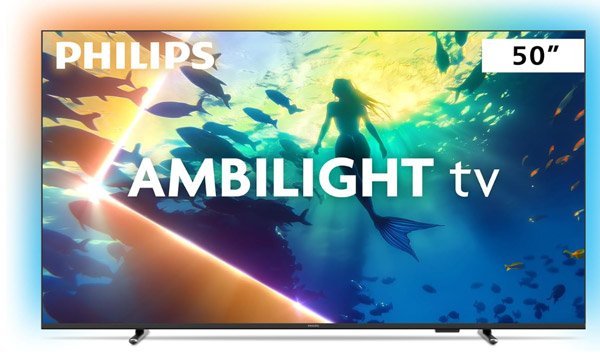 TV Philips Ambilight 4K 50" 50PUG8100 com tela de 50 polegadas, exibindo imagem de uma sereia na água nadando perto de vários peixes.