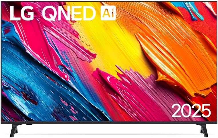 TV LG QNED 4K QNED70 com tela de 50 polegadas, exibindo imagem de uma pintura com cores vibrantes.