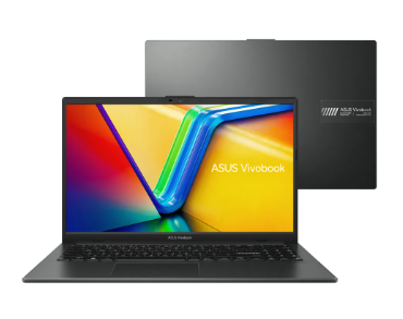 Notebook Asus Vivobook Go 15 na cor preta, com chassi fino e tela de 15.6 polegadas aberta, destacando seu design leve e compacto para mobilidade.