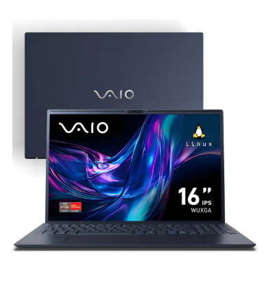 Notebook VAIO FE16 na cor cinza grafite com tela antirreflexo de 16 polegadas aberta, destacando seu formato moderno com bordas finas e acabamento premium.