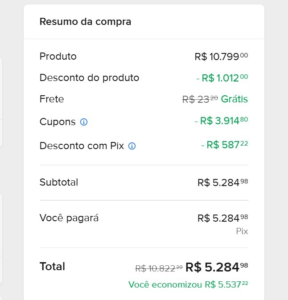 Print da tela de resumo de compra do Mercado Livre mostrando um desconto acumulado de mais de 5 mil reais em um Galaxy S26 Plus, com valor final de R$ 5.284,98 no PIX.