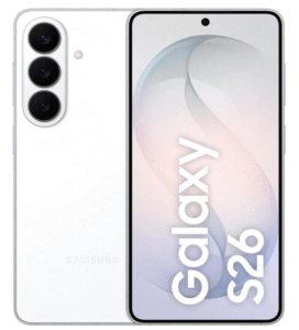 Smartphone Samsung Galaxy S26 branco com tela de 6.2 polegadas, exibindo imagem Galaxy S26.