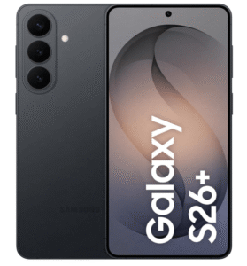 Smartphone Samsung Galaxy S26+ preto com tela de 6.7 polegadas, exibindo imagem Galaxy S26+.