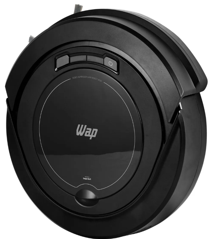 Robô aspirador WAP Robot W90 pretocom detalhes em cinza, visto de cima.