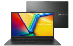 Notebook Asus Vivobook Go 15 na cor preta, com chassi fino e tela de 15.6 polegadas aberta, destacando seu design leve e compacto para mobilidade.
